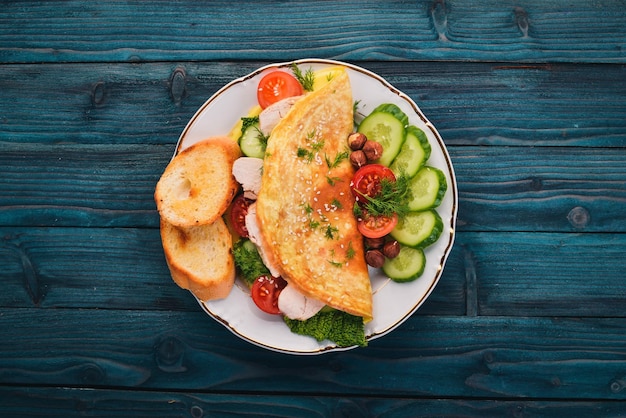 Omelette au poulet et légumes frais et noix Sur un fond en bois Vue de dessus Espace de copie