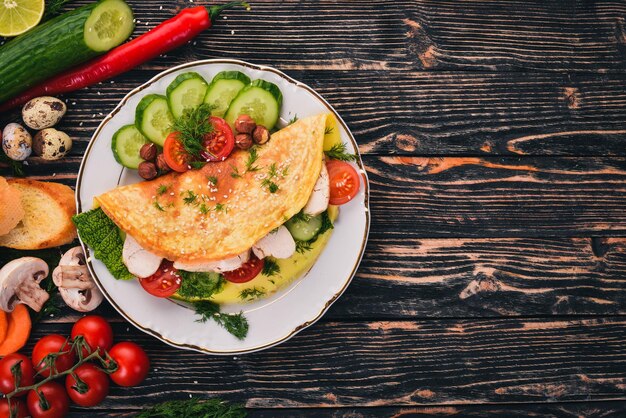 Omelette au poulet et légumes frais et noix Sur un fond en bois Vue de dessus Espace de copie