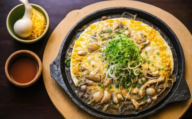 Omelette aux huîtres avec germes de soja sur une poêle chaude Style de cuisine asiatique Generative AI