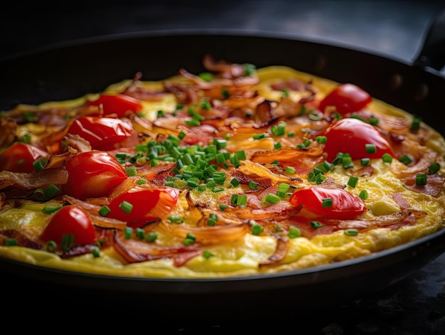 Omelette aux oignons, tomates et jambon dans une poêle à frire gros plan