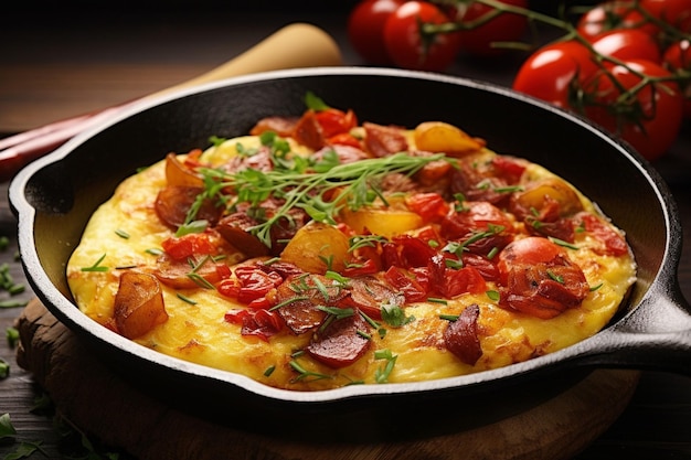 Omelette cuite dans une boîte à muffins et servie sur un lit de légumes mélangés