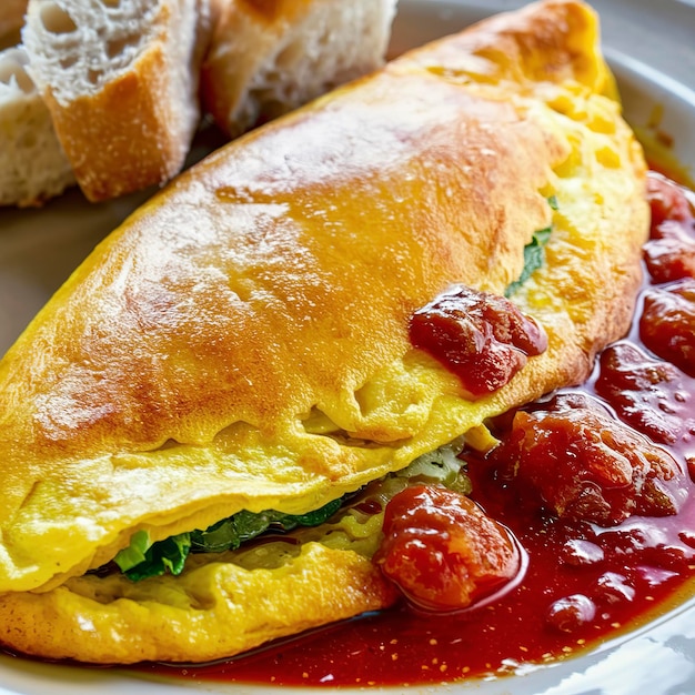 Photo omelette d'espagnol avec du pain et de la sauce tomate pour le petit déjeuner