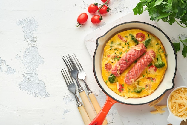 Omelette ou frittata avec deux saucisses fromage fondu tomates cerises brocoli et persil sur une poêle rouge ou une poêle en fer sur fond de béton blanc ancien Concept de nourriture pour le petit-déjeuner sain Vue de dessus