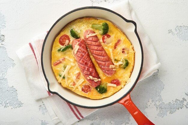 Omelette ou frittata avec deux saucisses fromage fondu tomates cerises brocoli et persil sur une poêle rouge ou une poêle en fer sur fond de béton blanc ancien Concept de nourriture pour le petit-déjeuner sain Vue de dessus