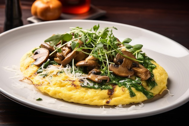 Omelette garnie de noix de pin grillées et d'une goutte de glaçage balsamique