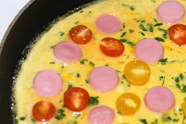 Omelette maison aux tomates saucisses et gros plan d'herbes