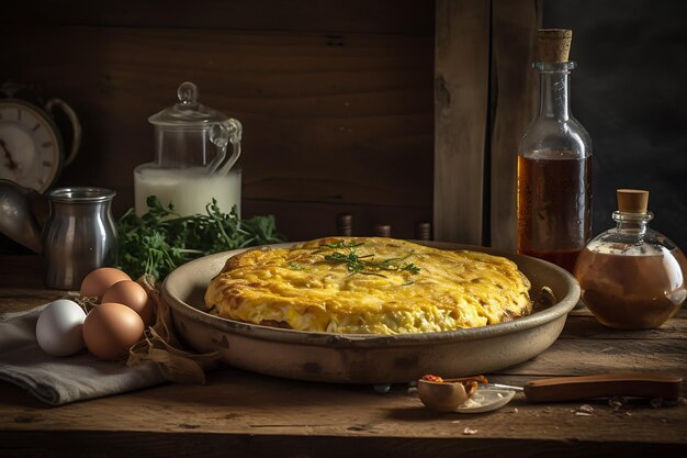 Omelette sur un plateau rond dans une cuisine rustique Close Up Ai Generative