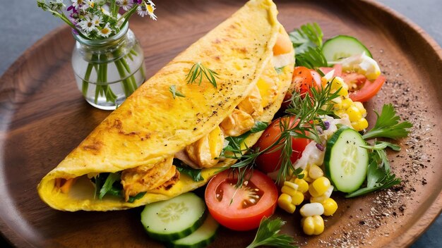 Photo omelette avec salade de concombres, de tomates et d'herbes dans un style rustique