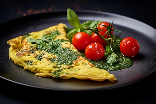 Omelette servie avec des gaufres brunes croustillantes et du sirop d'érable