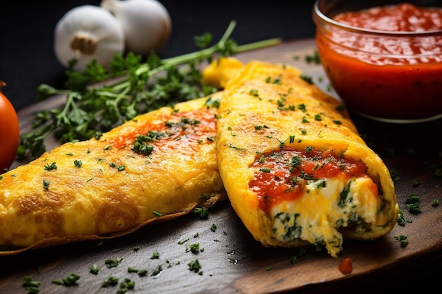 Omelette servie avec des gaufres brunes croustillantes et du sirop d'érable