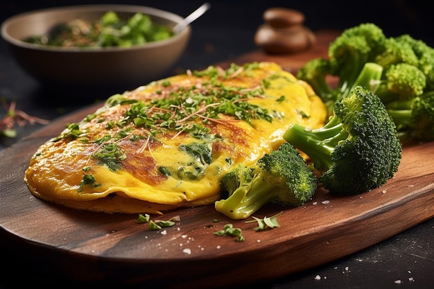 Omelette servie avec des gaufres brunes croustillantes et du sirop d'érable