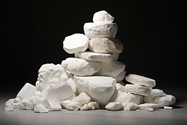 on peut voir une assiette de pierres blanches à côté d'une sculpture conceptuelle minimaliste