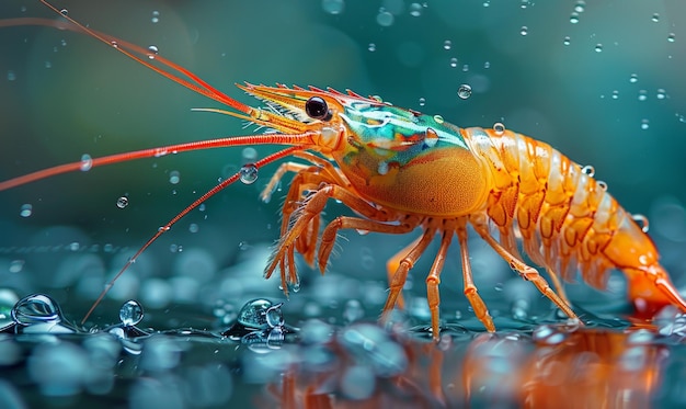 On voit des crevettes dans l'eau avec des gouttes d'eau.