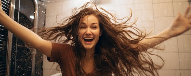 Photo on voit une femme heureuse sécher ses longs cheveux dans la salle de bain, reflétant un moment de soin de soi et de relaxation dans sa routine quotidienne.