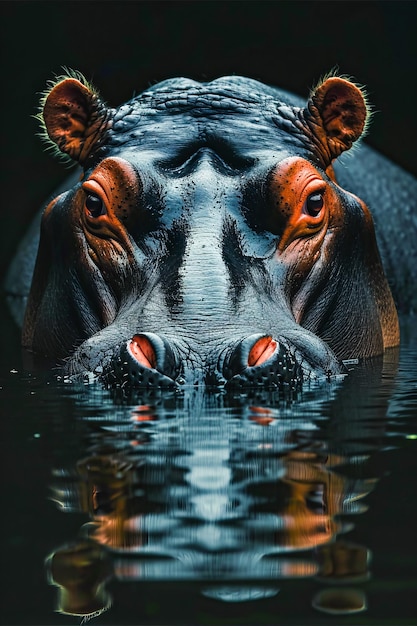 On voit un hippopotame dans une piscine d'eau avec les yeux ouverts et regardant droit devant.