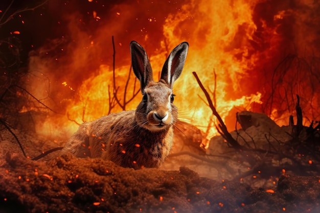 On voit un lapin courir au milieu d'une forêt avec un feu enflammé en arrière-plan symbolisant la menace des incendies de forêt pour la faune