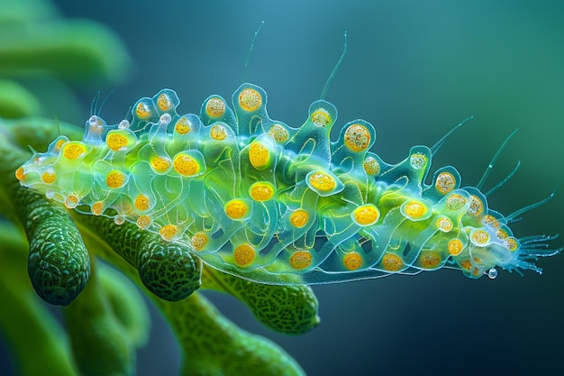 Photo on voit une limbe de mer verte et jaune avec ses tentacules étendus et ses yeux jaunes brillants.