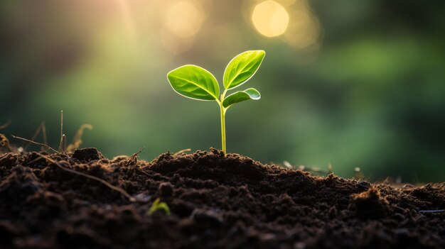 On voit une plante verte vibrante germer du sol.