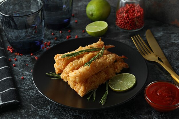 Ã Â¡oncept de nourriture savoureuse avec des crevettes frites sur une table sombre