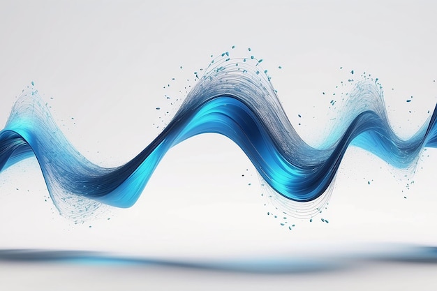 Une onde sonore dynamique isolée sur un fond blanc, une particule musicale pulsante, un concept de flux d'énergie bleue, un rendu 3D.