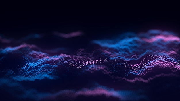 Ondes bleues dynamiques de particules et de lignes Arrière-plan futuriste abstrait Visualisation de grandes données Rendering 3D