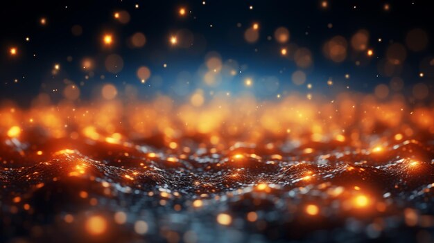 Photo ondes dorées abstraites avec effet bokeh sur fond noir particules lumineuses avec profondeur de champ