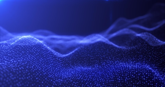 Ondes d'énergie bleues abstraites provenant de particules de fond brillant futuriste hitech