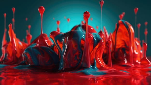 Les ondes liquides, les formes en gradient 3D s'écoulent l'une dans l'autre, le fond rouge et turquoise.