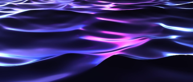 Ondes de néon sombres avec des fusées éclairantes de la surface de la ville de nuit. Le rendu 3d de l'eau laser violet éclabousse avec des lumières bleues du futuriste urbain