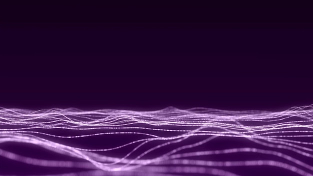 Ondes de particules violettes dynamiques Ondes ponctuelles futuristes Structure numérique du débit Rendering 3D de fond de la technologie des données
