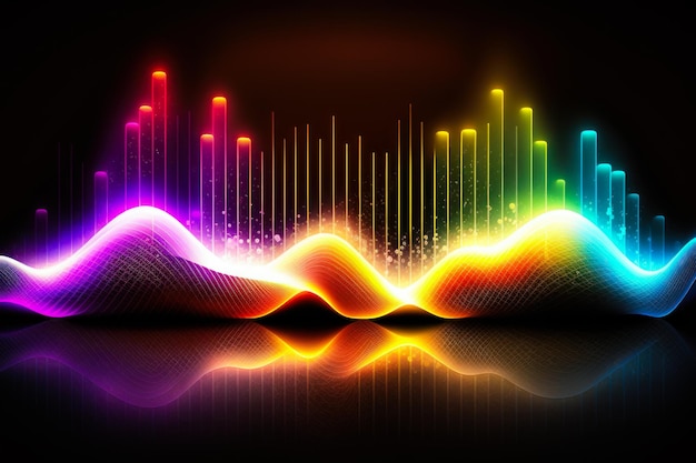 Ondes sonores colorées sur fond noir AI générative