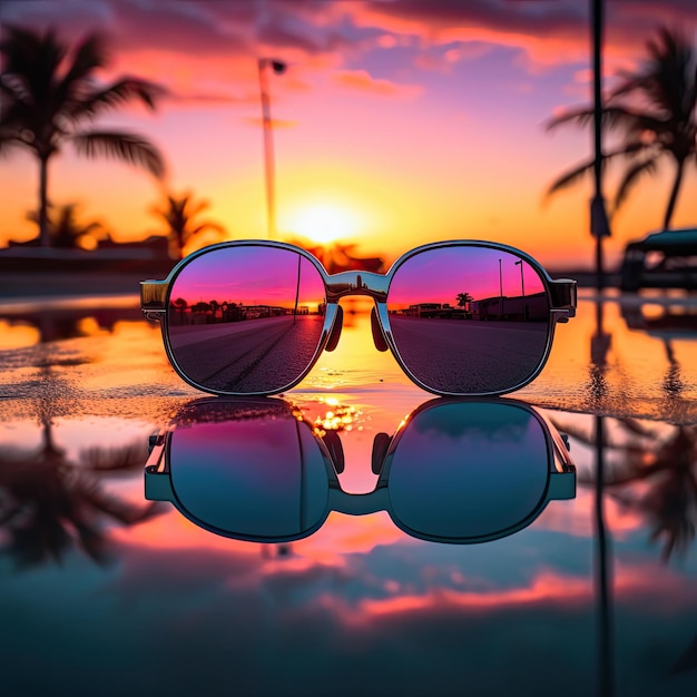 ondes synthétiques d'arc-en-ciel au néon réflexion esthétique du coucher de soleil dans des lunettes de soleil