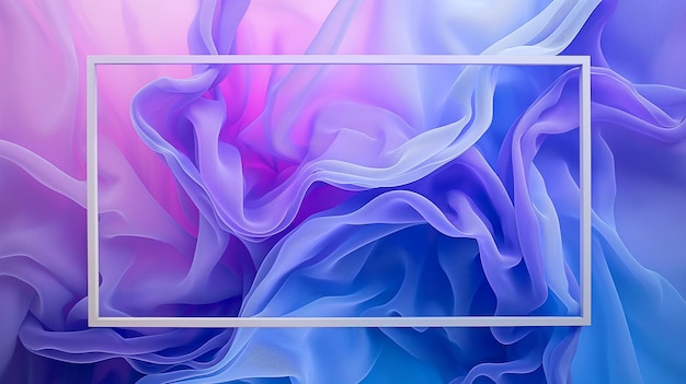 Des ondes tourbillonnantes abstraites bleues et violettes avec un fond de tissu translucide à cadre carré blanc