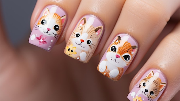 Des ongles en acrylique avec des chats mignons, de l'art et des fleurs boho.