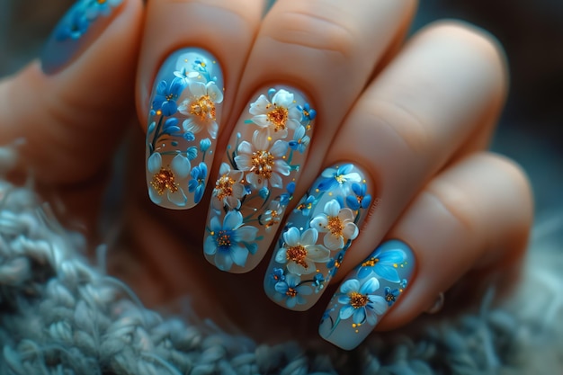 Ongles féminins avec des figures de pétales de couleur bleue en gros plan et des fleurs Art des ongles