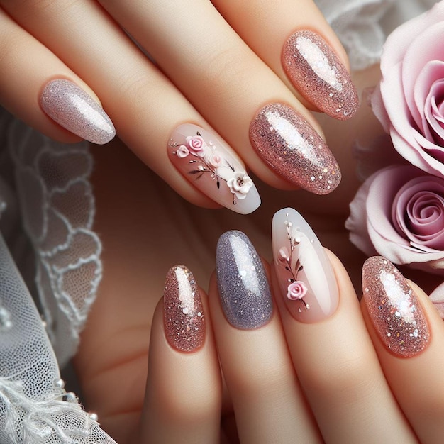 Des ongles de femme avec des fleurs d'argent et roses