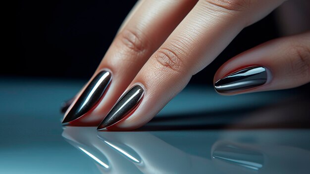 Photo des ongles de femme avec une manucure noire et un vernis à ongles argenté