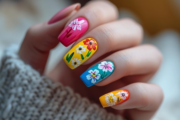 Des ongles peints avec des fleurs et des couleurs