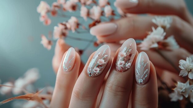 Des ongles sur le thème du printemps, des designs artistiques, des mains de femmes avec une jolie manucure florale.