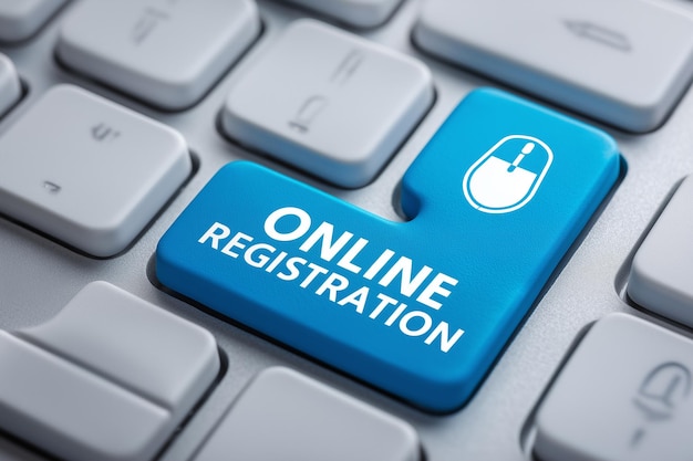 Online Registration Button on Keyboard for Digital Access and Web Form Submission with Computer