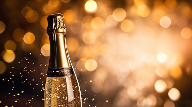 Photo opening champagne bottle closeup golden bokeh