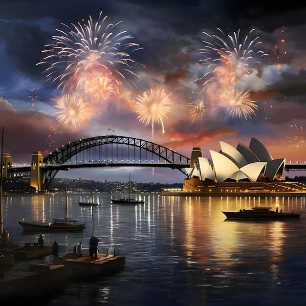 L'opéra de Sydney et les feux d'artifice dans le ciel