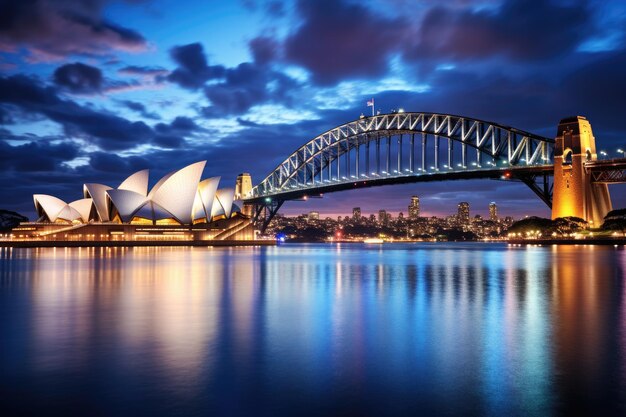 Opéra de Sydney et Sydney Harbour Bridge au coucher du soleil Australie Opéra de Sydney et Sydney Harbour Bridge au crépuscule Australie AI généré