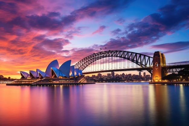 Opéra de Sydney et Sydney Harbour Bridge au coucher du soleil Australie Opéra de Sydney et Sydney Harbour Bridge au crépuscule Australie AI généré