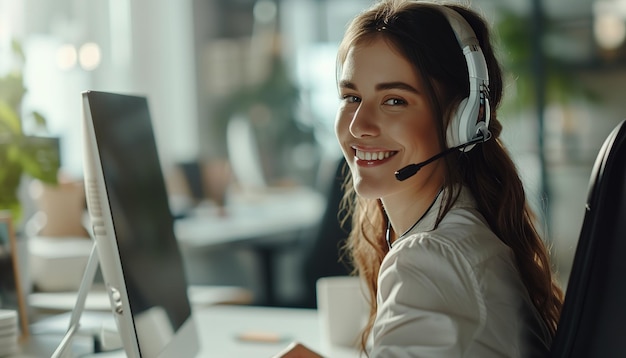 Photo un opérateur d'assistance à la clientèle souriant avec un casque mains libres travaillant au bureau