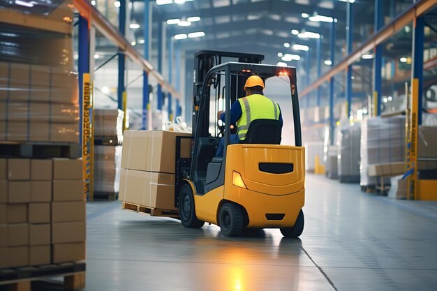 Photo l'opérateur de chariot élévateur à fourche dynamique d'entrepôt en action logistique rationalisée