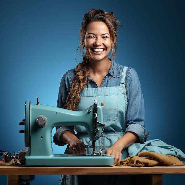 Opérateur de machine à coudre isolé sur une illustration à fond bleu