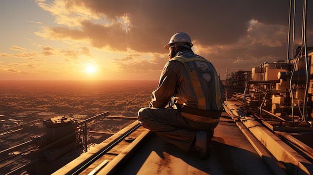 Un opérateur se reposant et regardant le coucher de soleil du haut du chantier