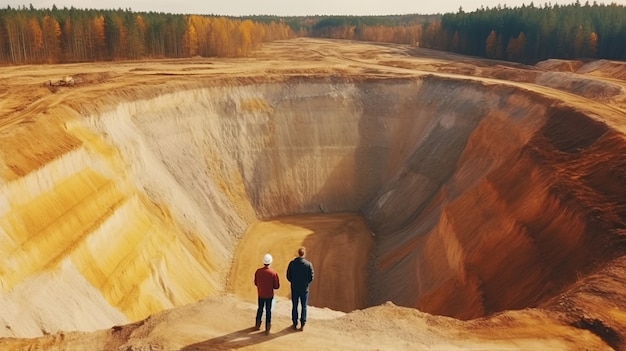 Opérateur de spécialistes de l’équipe inspectant une carrière de sable de mine à ciel ouvert