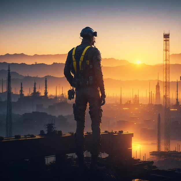 Opérateur en uniforme souriant et debout dans une usine industrielle